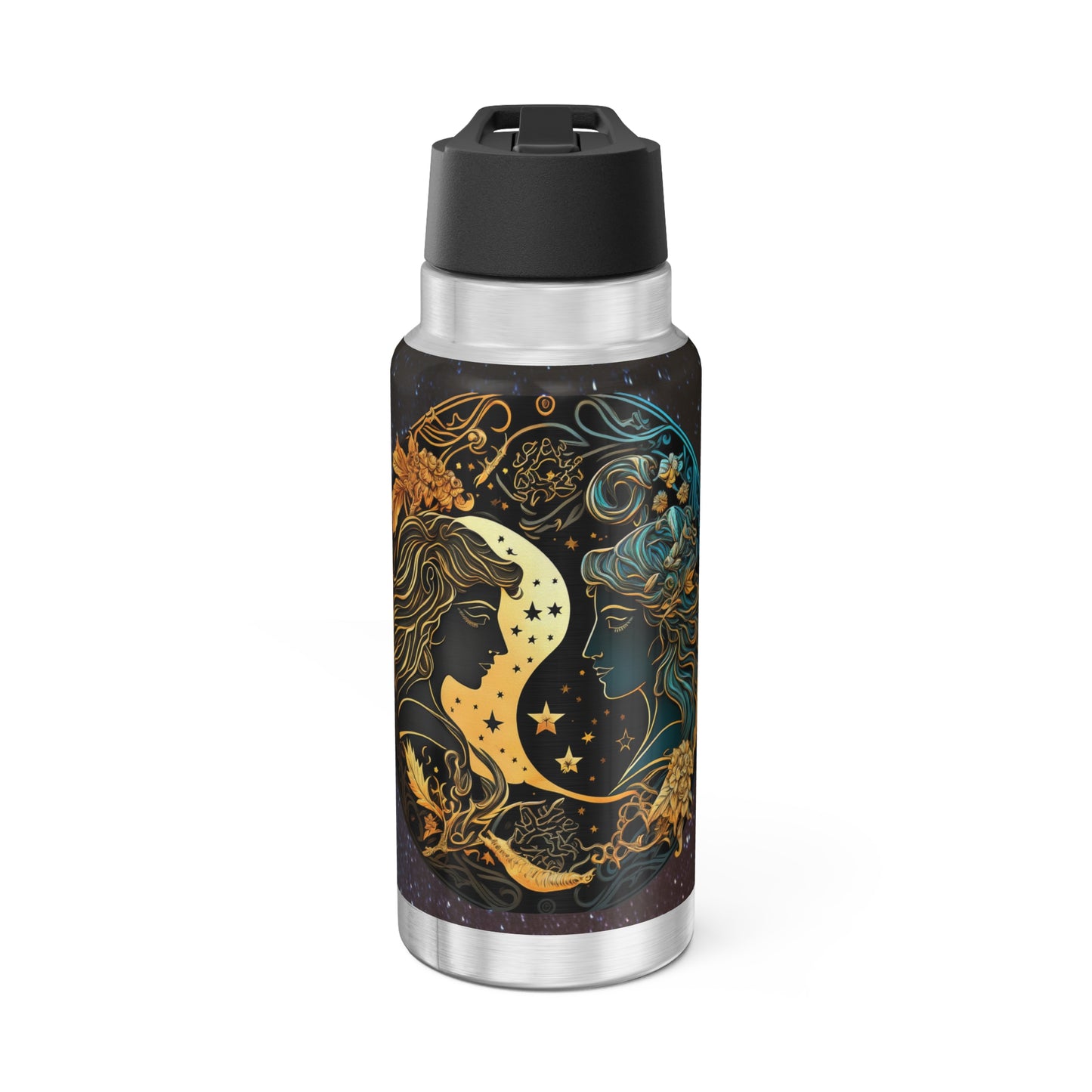 Gemini Twins Zodiac Sign with Black and Gold ~ 32oz Tumbler With Lid and Straw