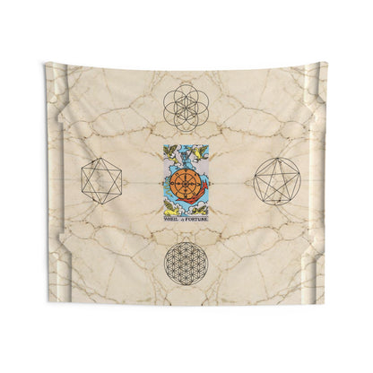 The Wheel of Fortune Tarot Card Altar Cloth or Tapestry with Marble Background, Flower of Life and Seed of Life