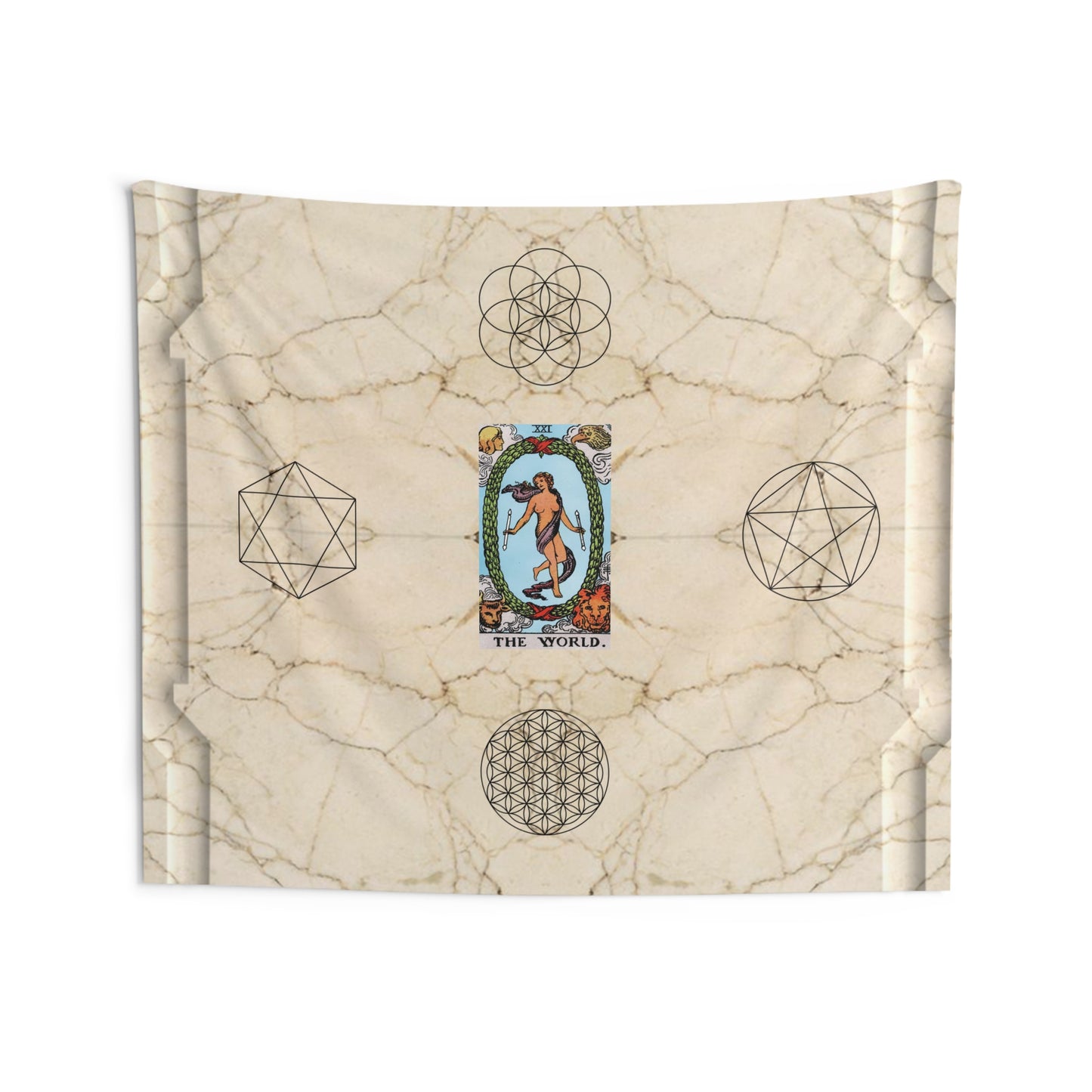 The World Tarot Card Altar Cloth or Tapestry with Marble Background, Flower of Life and Seed of Life