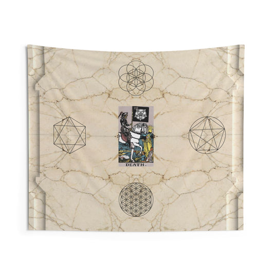 The Death Tarot Card Altar Cloth or Tapestry with Marble Background, Flower of Life and Seed of Life