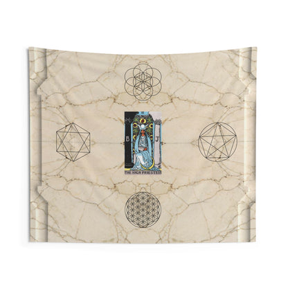 The High Priestess Tarot Card Altar Cloth or Tapestry with Marble Background, Flower of Life and Seed of Life