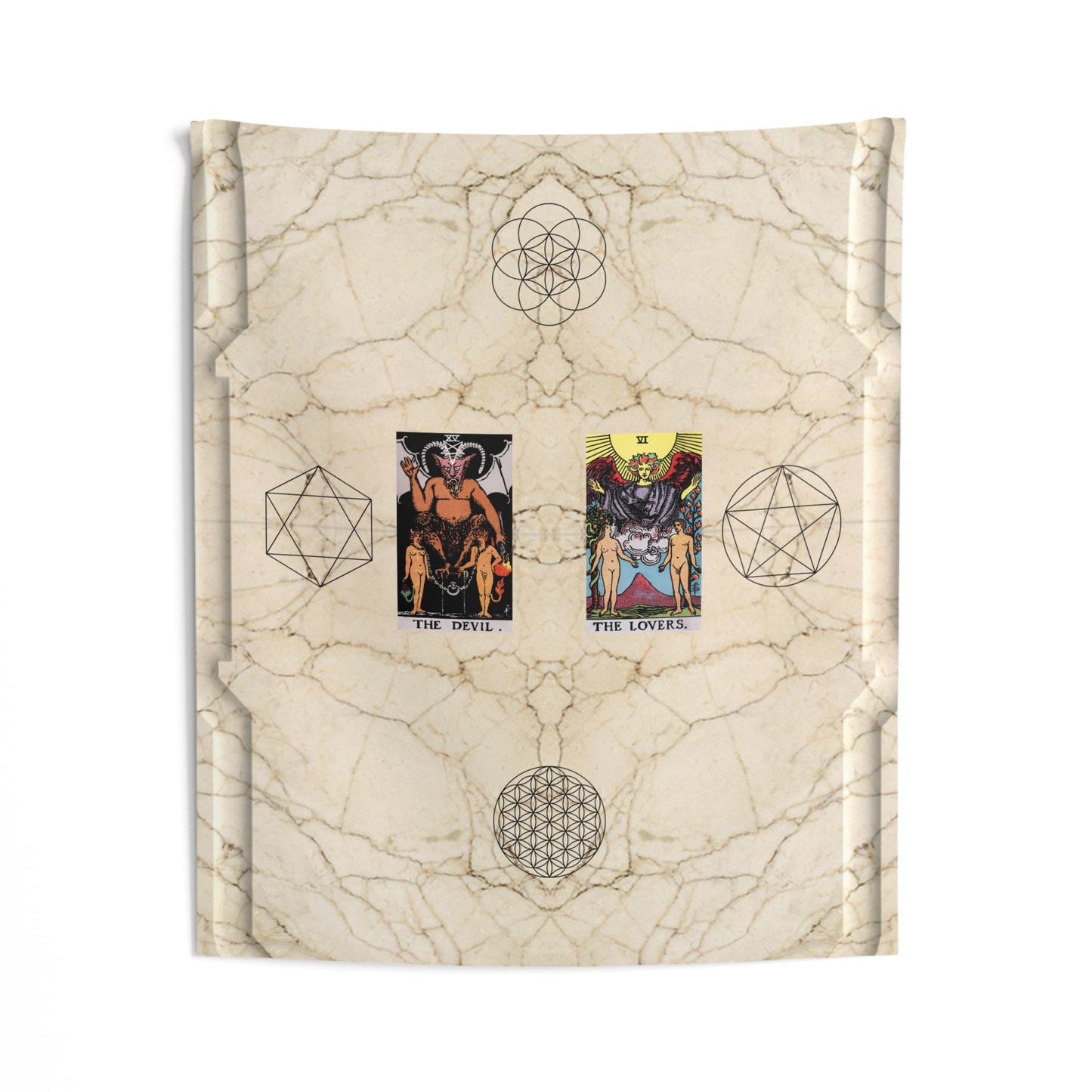 The Devil AND The Lovers Tarot Cards Altar Cloth or Tapestry with Marble Background, Flower of Life and Seed of Life