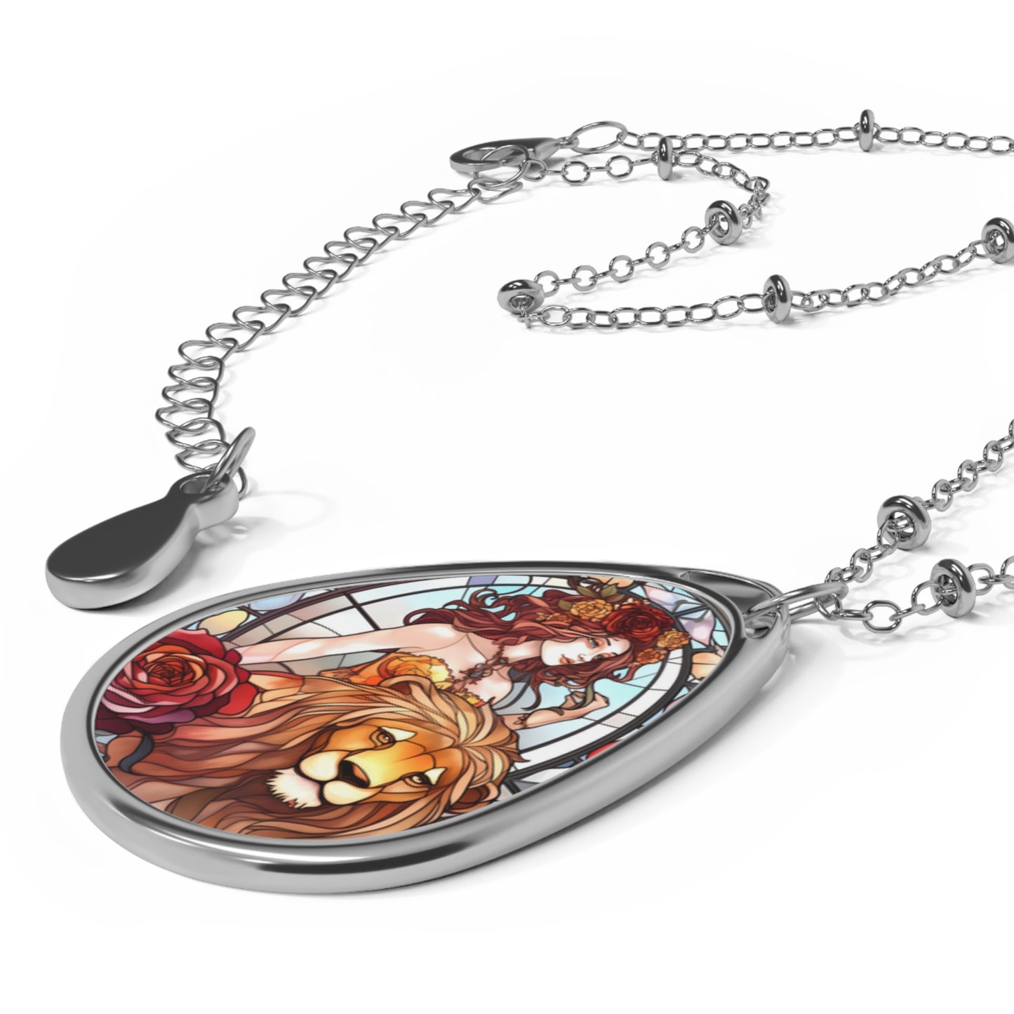 Leo Zodiac Sign ~ Woman and Lion Stained Glass ~ Necklace & Oval Pendant With Chain