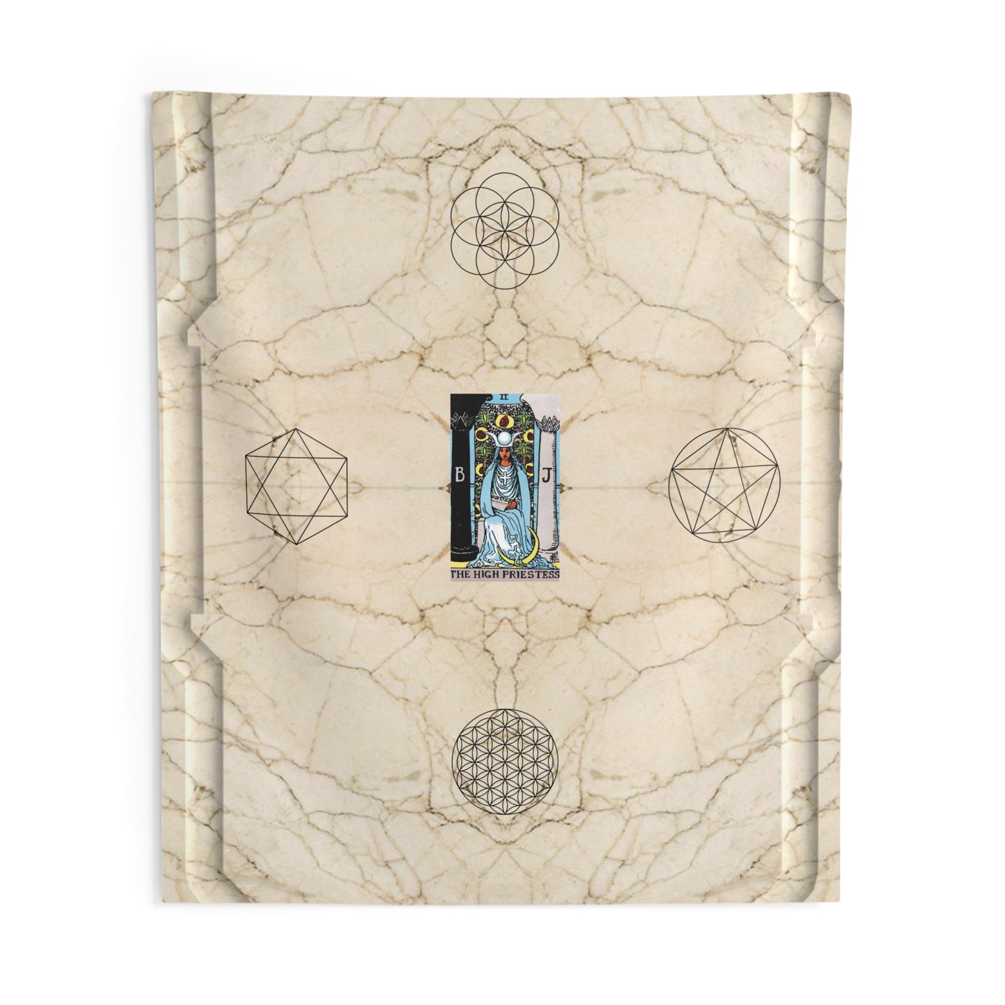 The High Priestess Tarot Card Altar Cloth or Tapestry with Marble Background, Flower of Life and Seed of Life