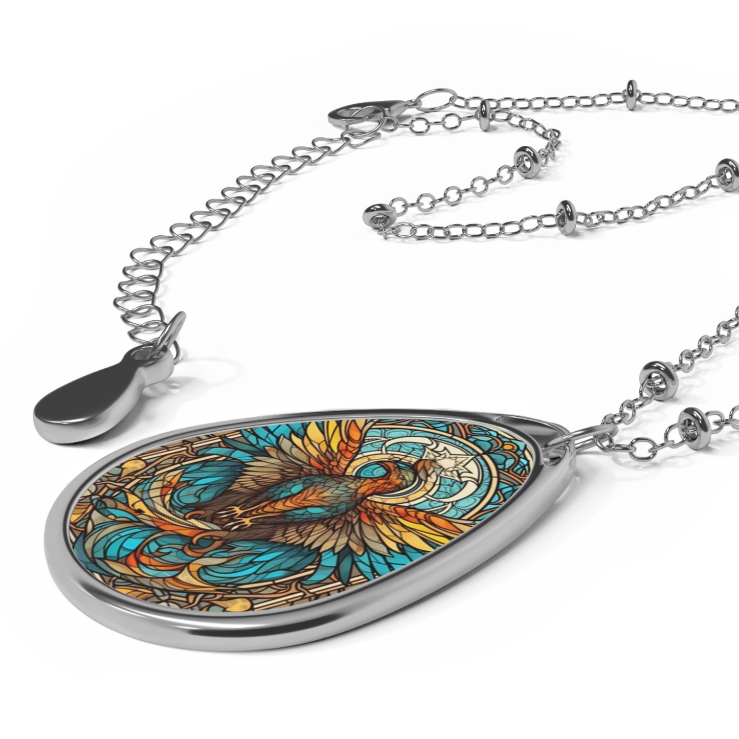 Scorpio Zodiac Sign ~ Scorpio Phoenix Rising Stained Glass Illustration ~ Necklace & Oval Pendant With Chain