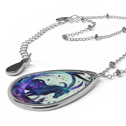 Capricorn Zodiac Sign ~ Capricorn Goat Illustration ~ Necklace & Oval Pendant With Chain