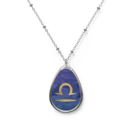 Libra Zodiac Sign ~ Libra Gold on Blue ~ Necklace & Oval Pendant With Chain