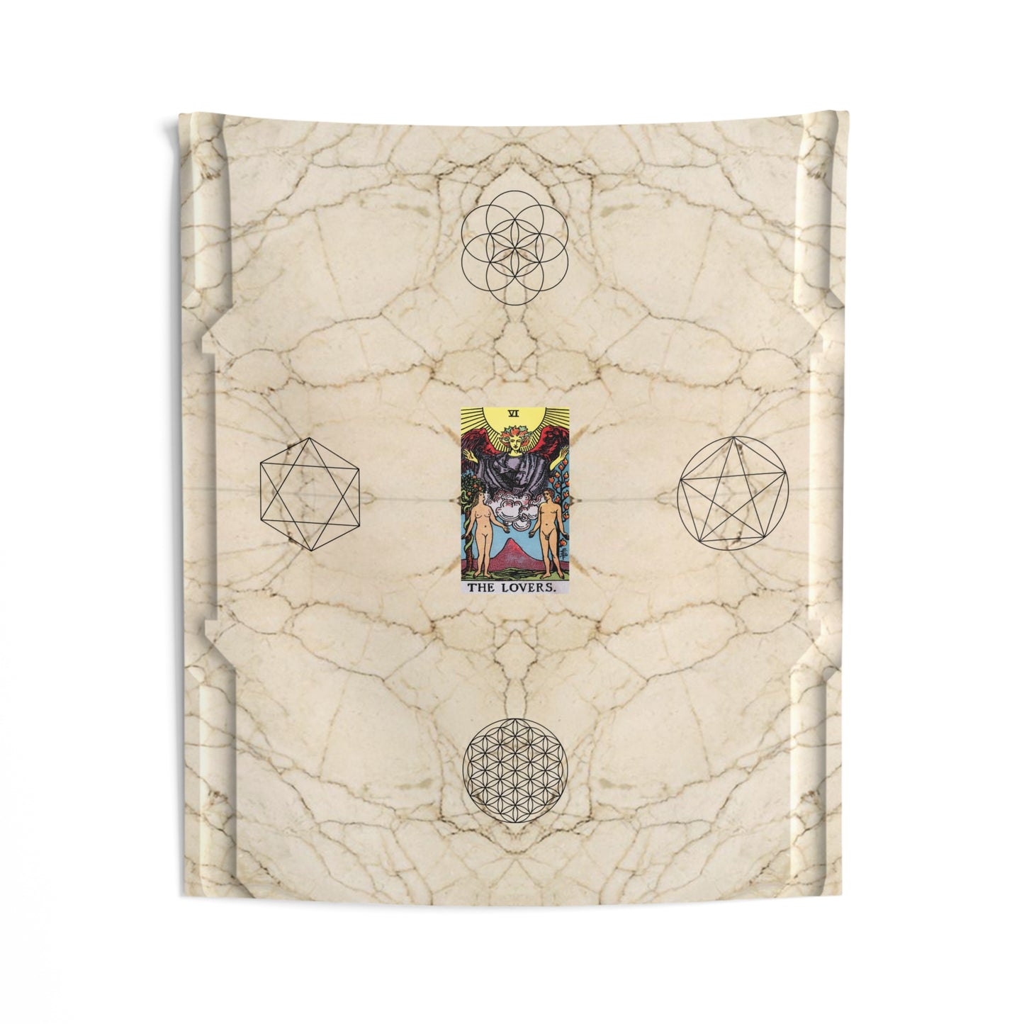 The Lovers Tarot Card Altar Cloth or Tapestry with Marble Background, Flower of Life and Seed of Life