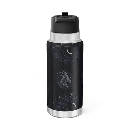 Capricorn Zodiac Sign Goat in Black and White with Starry Background ~ 32oz Tumbler With Lid and Straw