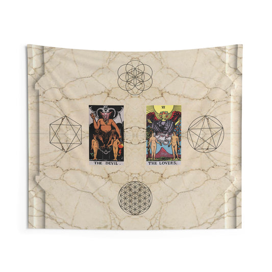 The Devil AND The Lovers Tarot Cards Altar Cloth or Tapestry with Marble Background, Flower of Life and Seed of Life