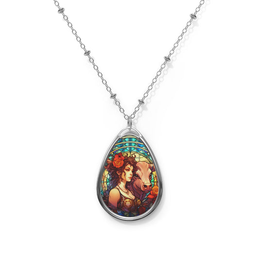 Taurus Zodiac Sign Stained Glass Illustration ~ Necklace & Oval Pendant With Chain