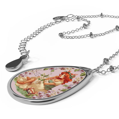 Cancer Zodiac Sign ~ Girl and Crab Vintage Illustration ~ Necklace & Oval Pendant With Chain