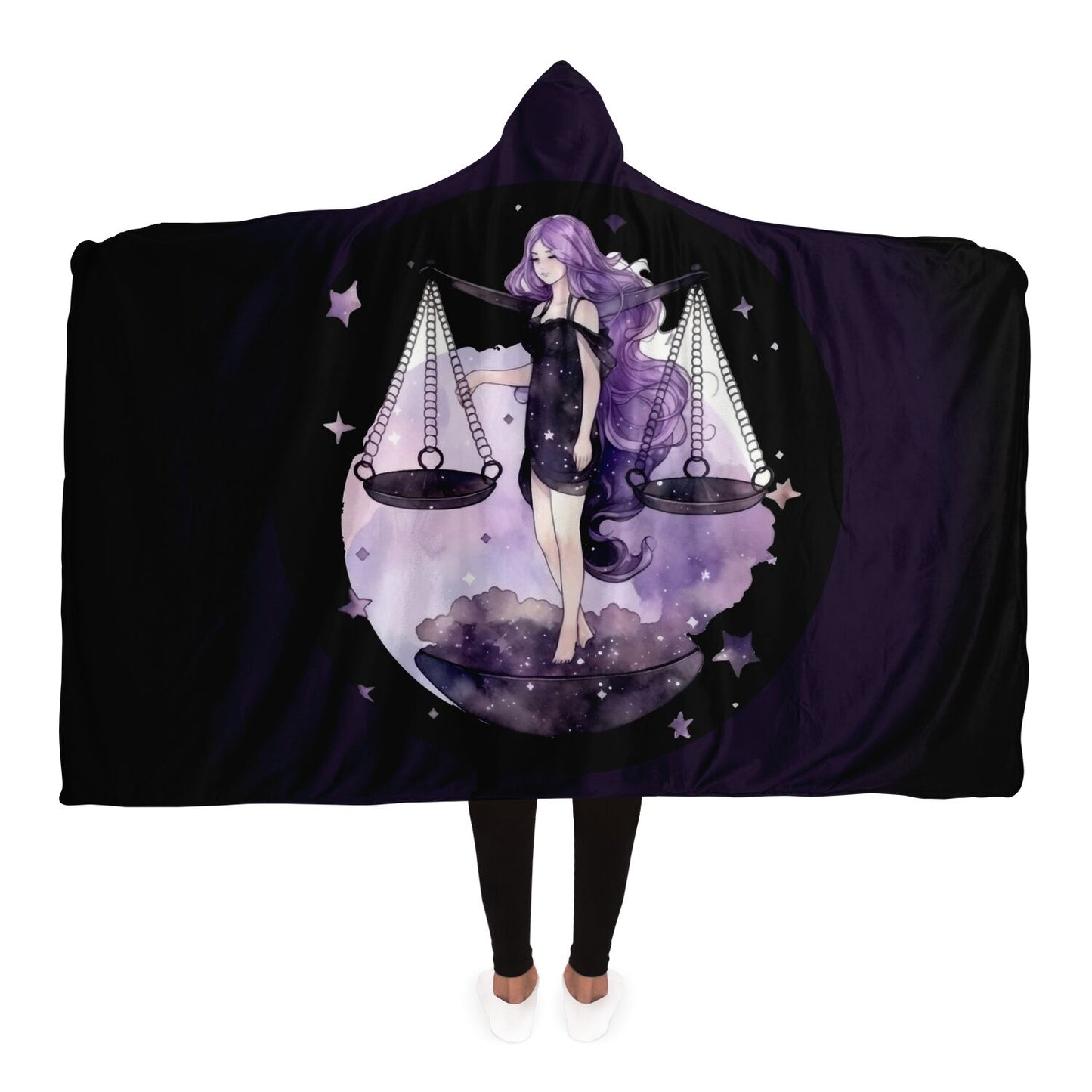 Libra Purple Caricature with Stars Shadowed Hooded Blanket