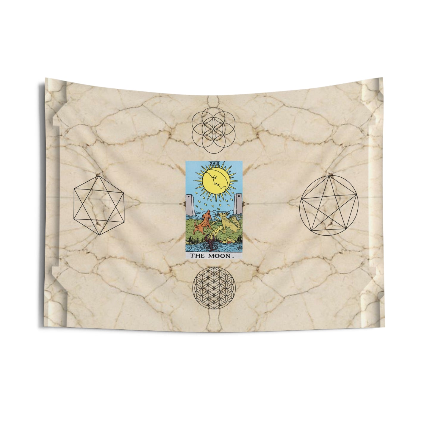 The Moon Tarot Card Altar Cloth or Tapestry with Marble Background, Flower of Life and Seed of Life