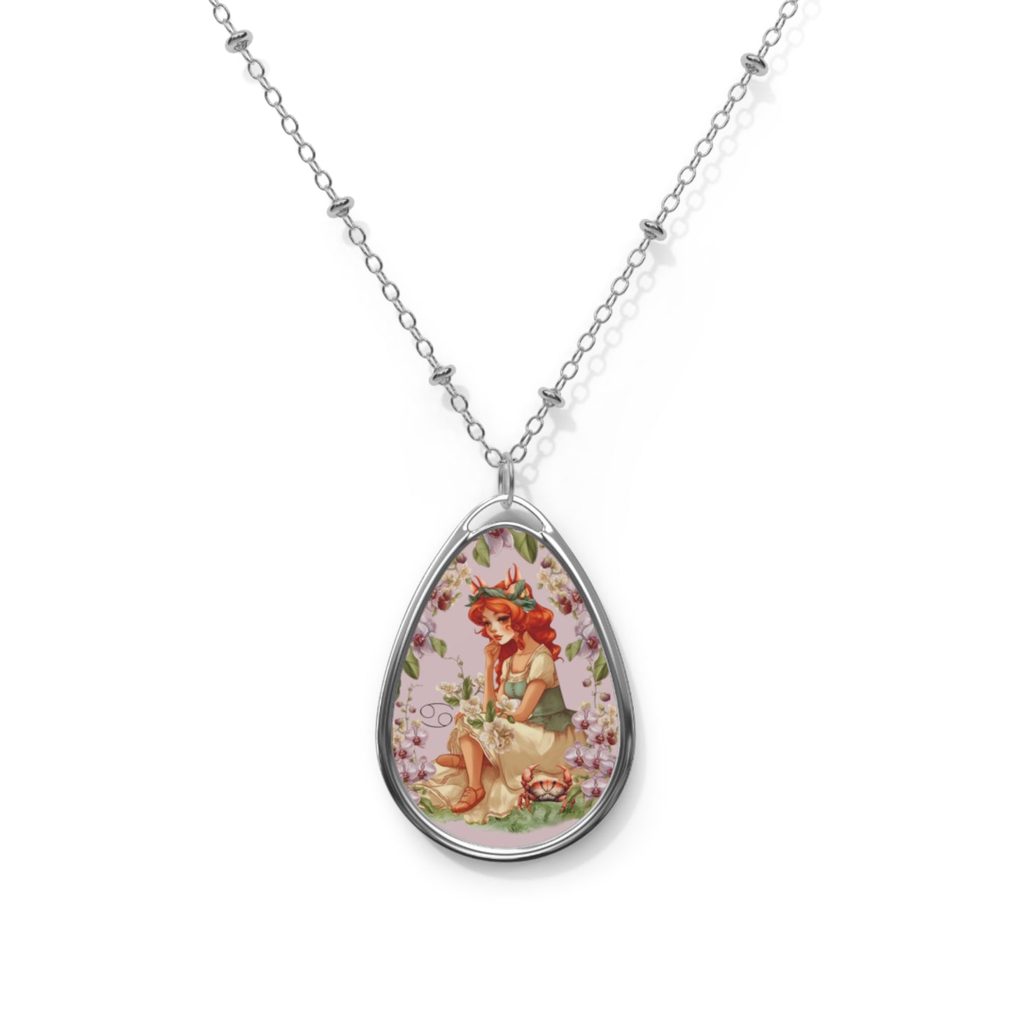 Cancer Zodiac Sign ~ Girl and Crab Vintage Illustration ~ Necklace & Oval Pendant With Chain
