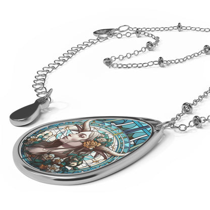 Capricorn Zodiac Sign ~ Capricorn Woman Stained Glass Illustration ~ Necklace & Oval Pendant With Chain
