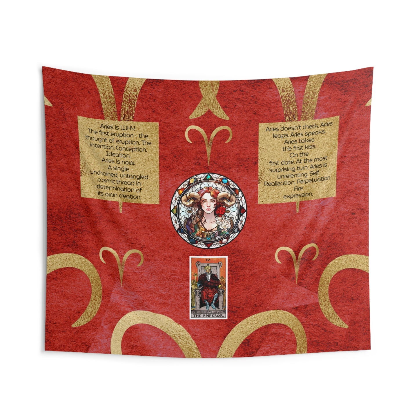 Aries Zodiac Sign Altar Cloth or Wall Tapestry With Stained Glass Illustration, The Emperor Tarot Card and a Poem
