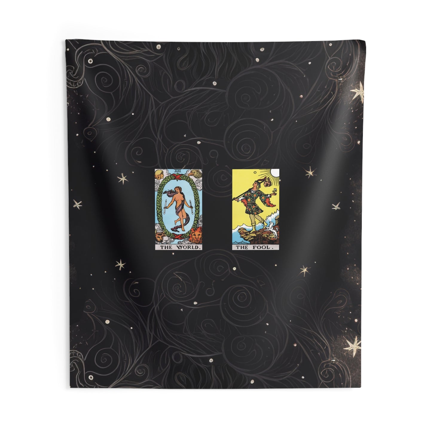 The World AND The Fool Tarot Cards Altar Cloth or Tapestry with Starry Background