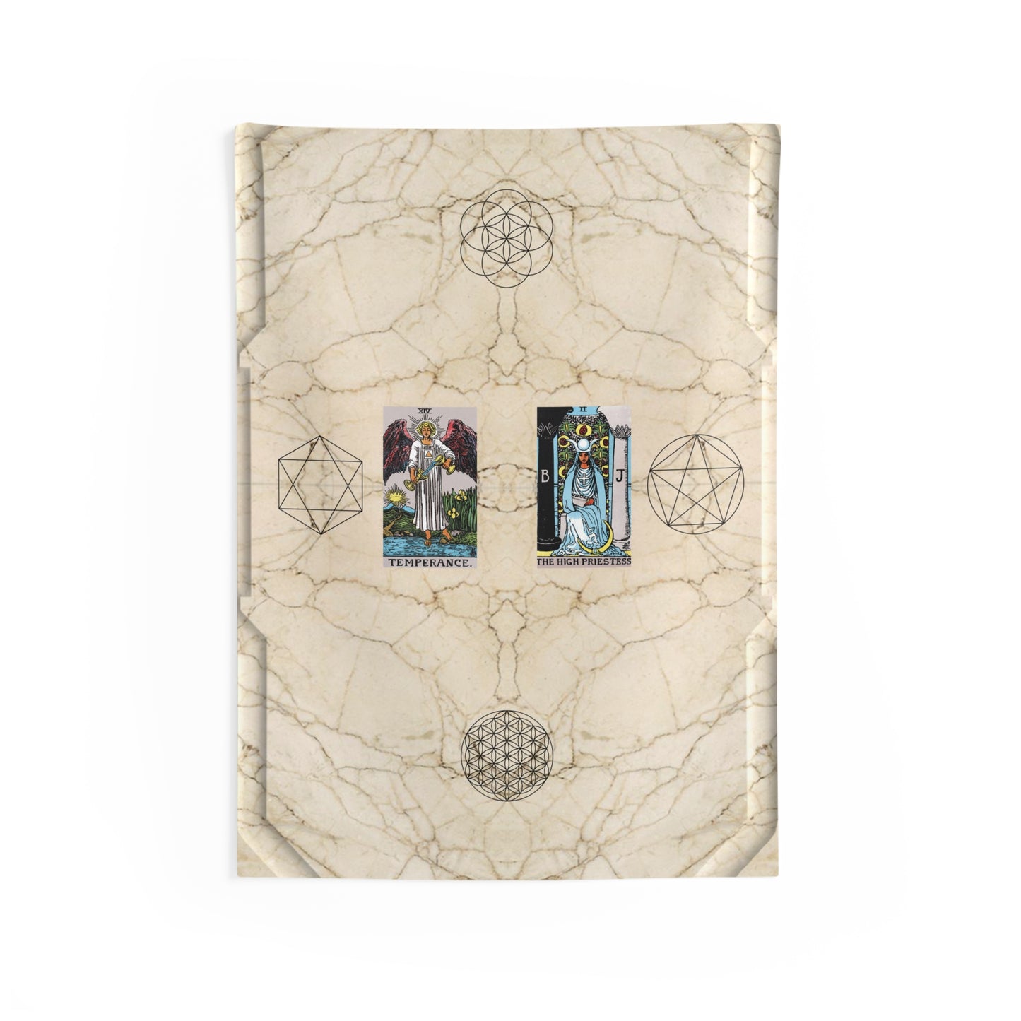 The Temperance AND The High priestess Tarot Cards Altar Cloth or Tapestry with Marble Background, Flower of Life and Seed of Life