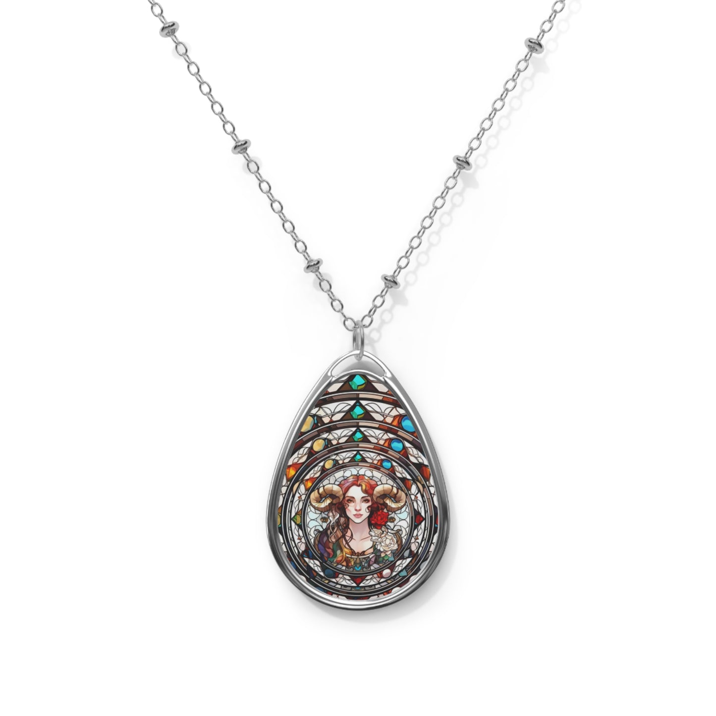 Aries Zodiac Sign Stained Glass Illustration ~ Necklace & Oval Pendant With Chain