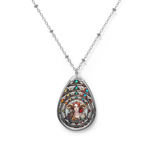 Aries Zodiac Sign Stained Glass Illustration ~ Necklace & Oval Pendant With Chain