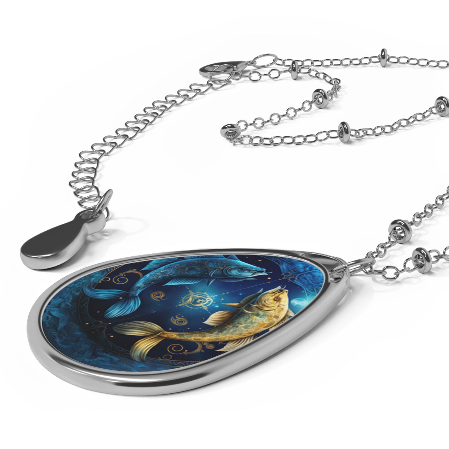 Pisces Zodiac Sign ~ Pisces Fish in Gold and Blue ~ Necklace & Oval Pendant With Chain