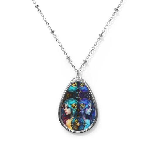 Gemini Zodiac Sign Colorful Twins ~ Necklace & Oval Pendant With Chain