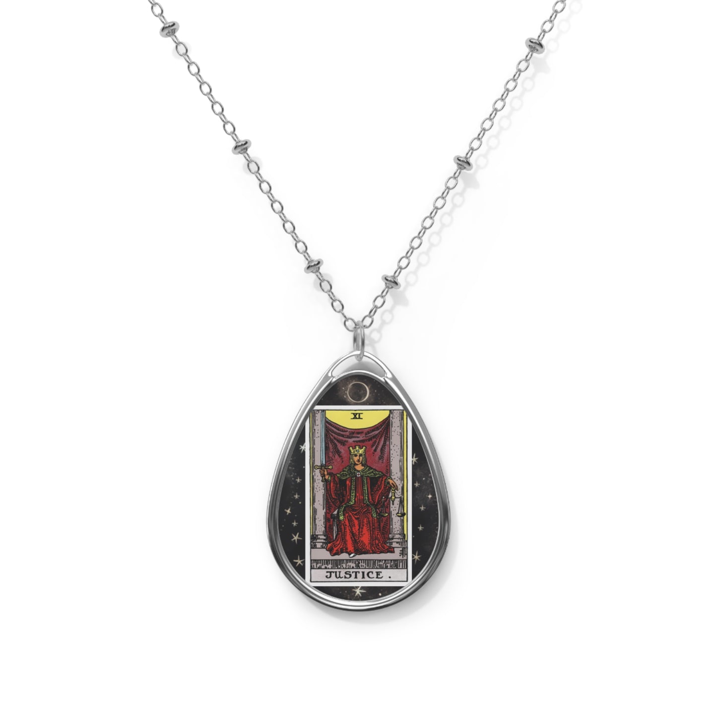 Justice Tarot Card Oval Pendant Necklace With Chain