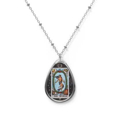 The World Tarot Card Oval Pendant Necklace With Chain and starry background