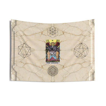 The Lovers Tarot Card Altar Cloth or Tapestry with Marble Background, Flower of Life and Seed of Life