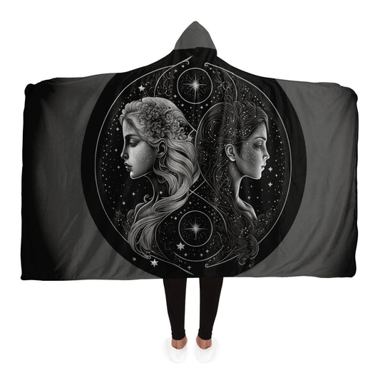 Gemini Twins in Black and White Hooded Blanket