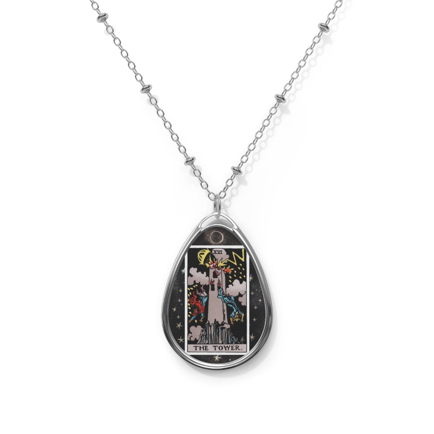 The Tower Tarot Card Oval Pendant Necklace With Chain