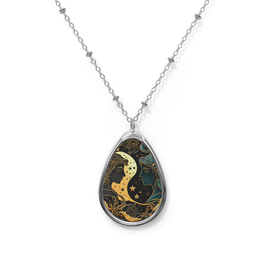 Gemini Zodiac Sign in Blue and Gold ~ Necklace & Oval Pendant With Chain