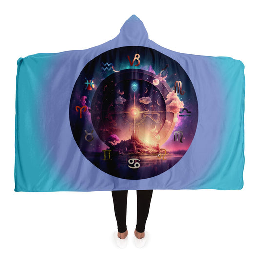 Zodiac Symbols Around Celestial Sphere with Teal Background Hooded Blanket