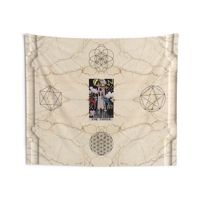 The Tower Tarot Card Altar Cloth or Tapestry with Marble Background, Flower of Life and Seed of Life