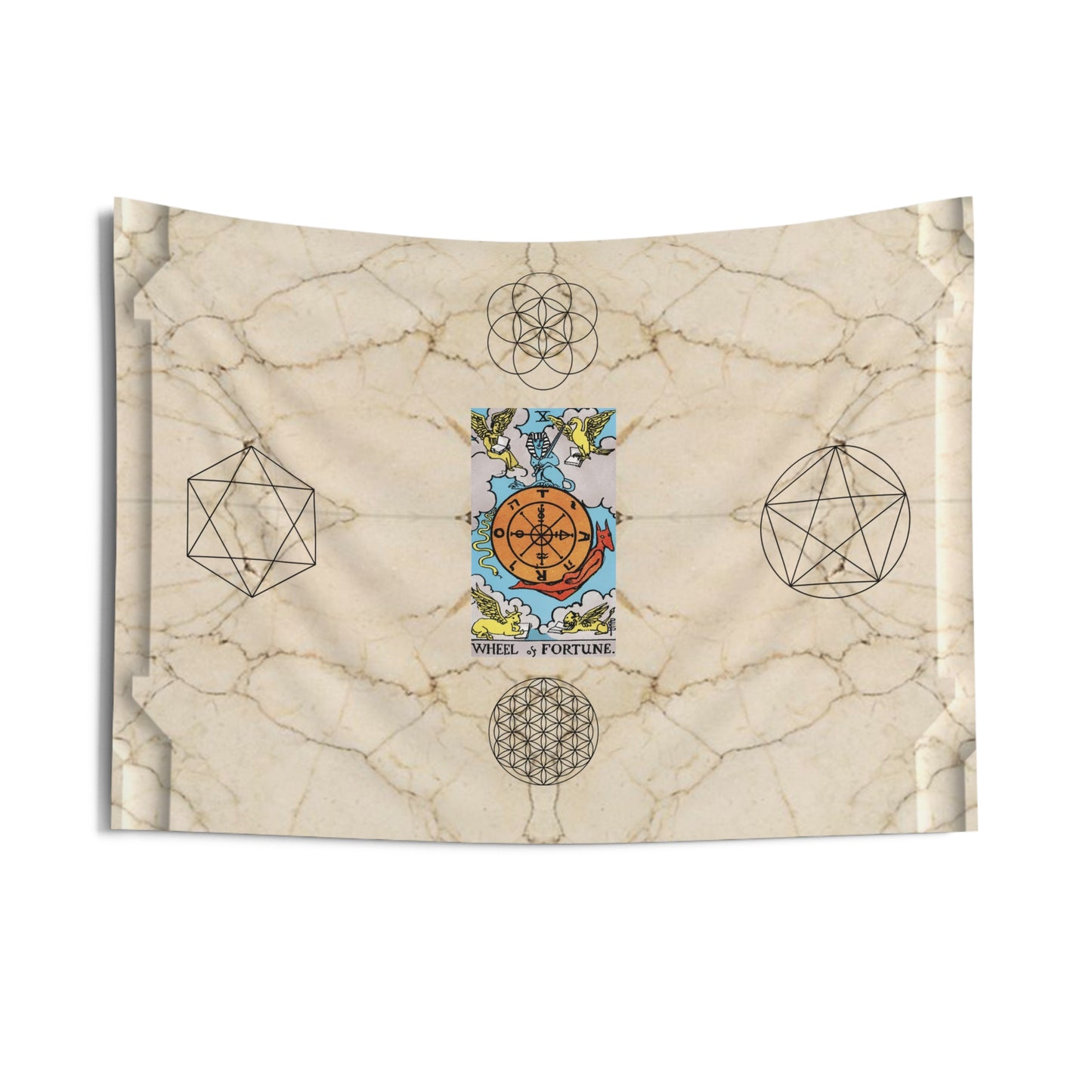The Wheel of Fortune Tarot Card Altar Cloth or Tapestry with Marble Background, Flower of Life and Seed of Life