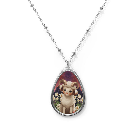 Aries Zodiac Sign ~ Cute Aries Ram Design ~ Necklace & Oval Pendant With Chain
