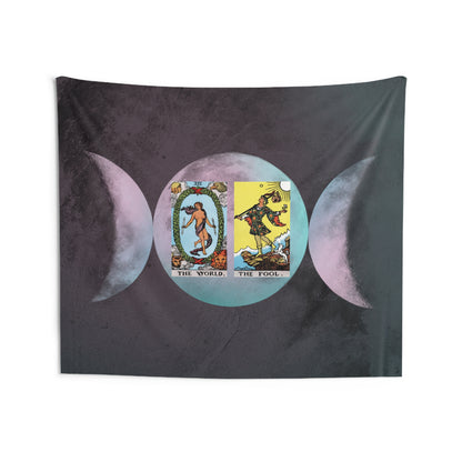 The World AND The Fool Tarot Cards Altar Cloth or Tapestry with Triple Goddess Symbol