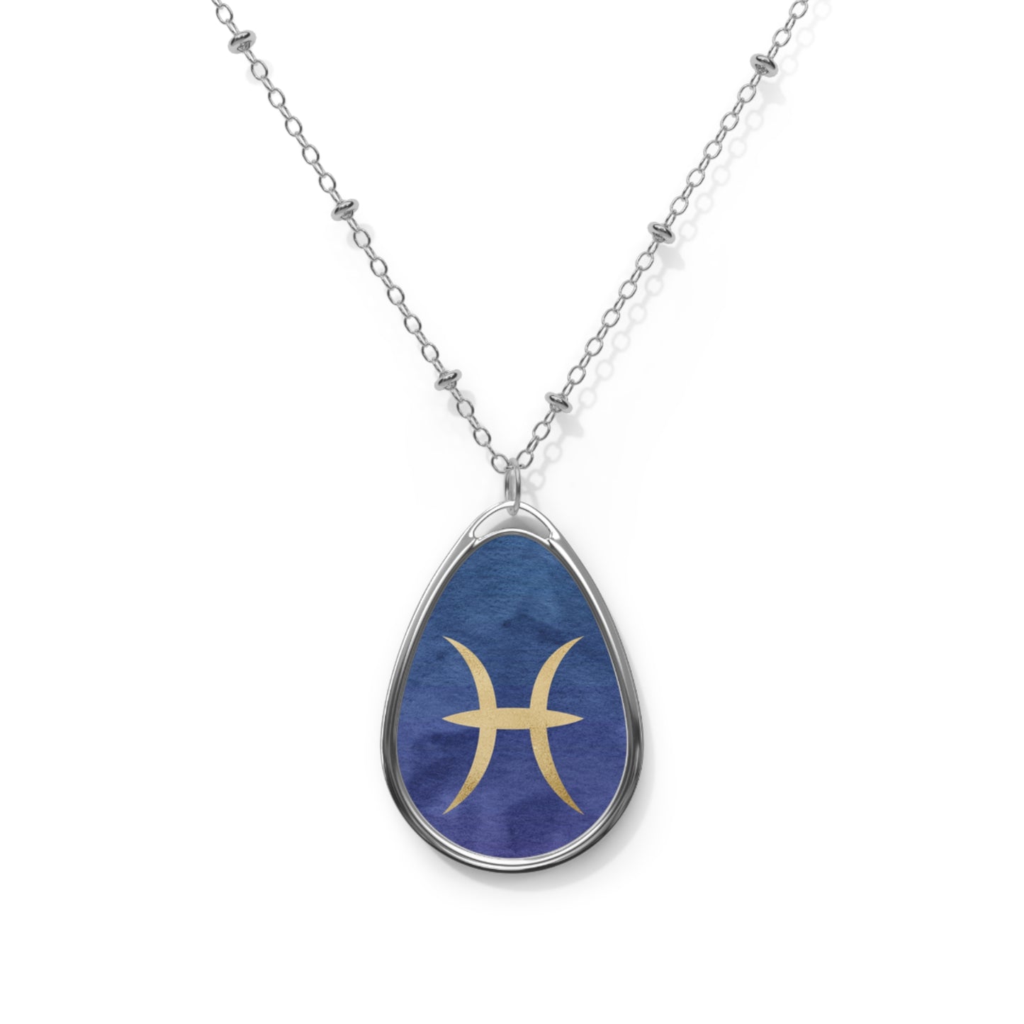 Pisces Zodiac Sign in Gold and Blue ~ Necklace & Oval Pendant With Chain