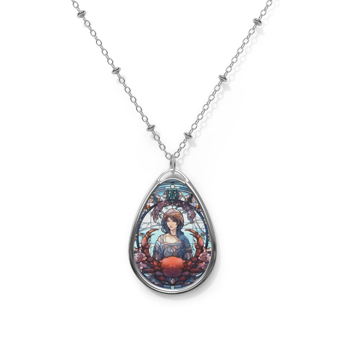 Cancer Zodiac Sign Stained Glass Illustration ~ Necklace & Oval Pendant With Chain