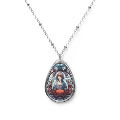 Cancer Zodiac Sign Stained Glass Illustration ~ Necklace & Oval Pendant With Chain