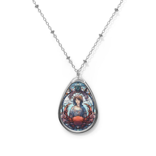 Cancer Zodiac Sign Stained Glass Illustration ~ Necklace & Oval Pendant With Chain