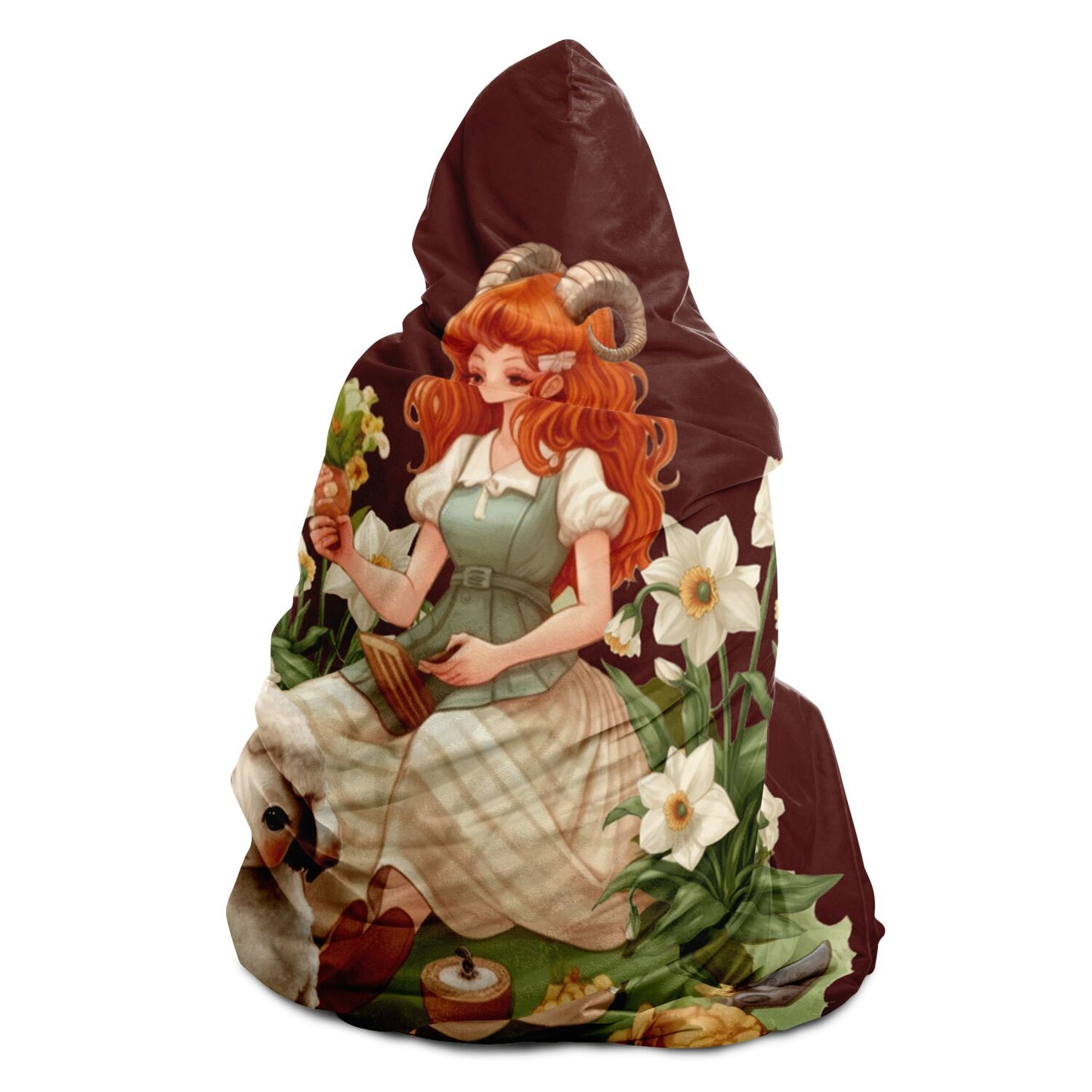 Aries Girl Vintage Illustration with Flower Garden Hooded Blanket