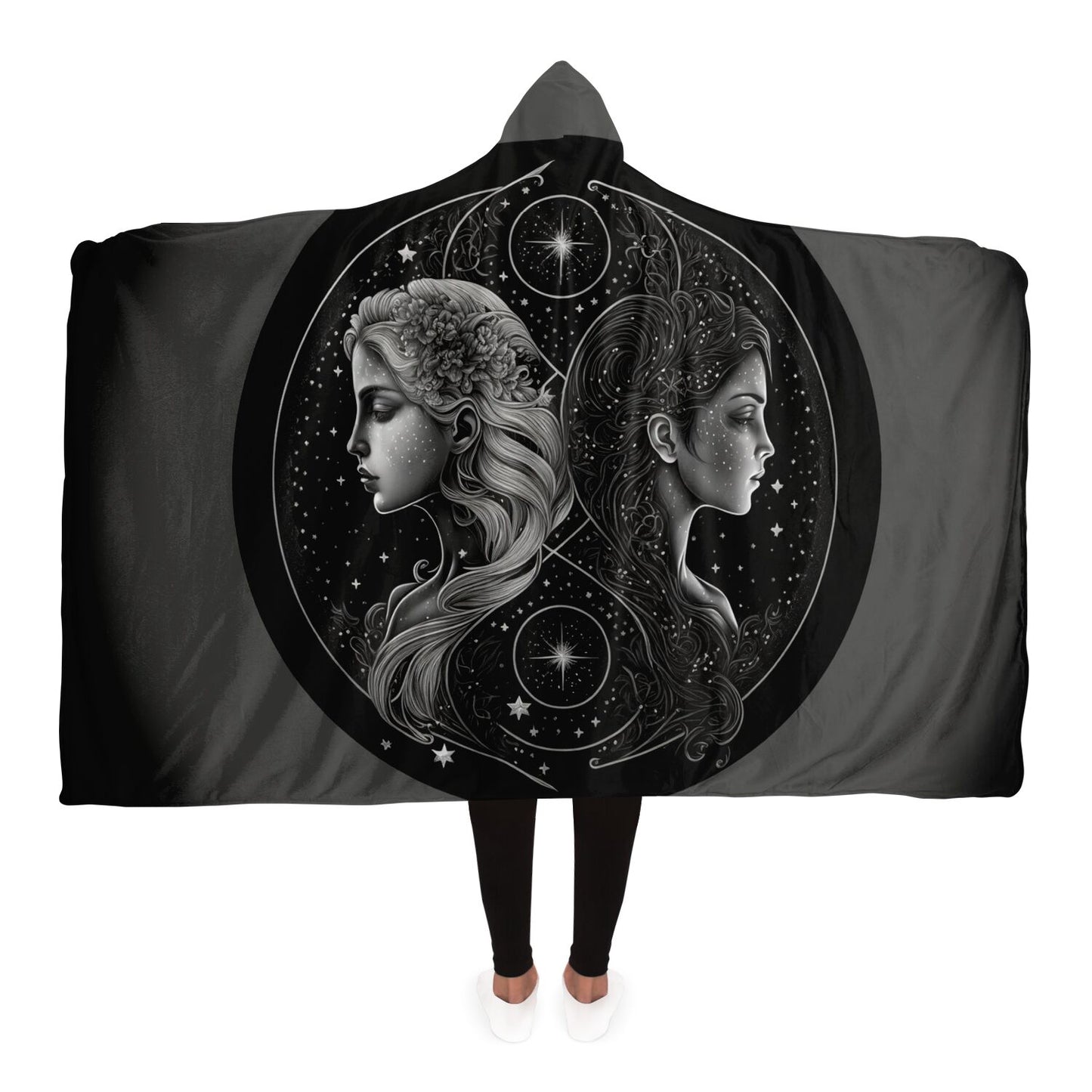 Gemini Twins in Black and White Hooded Blanket