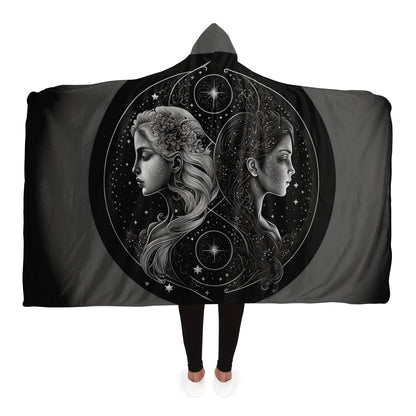 Gemini Twins in Black and White Hooded Blanket
