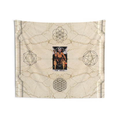 The Devil Tarot Card Altar Cloth or Tapestry with Marble Background, Flower of Life and Seed of Life