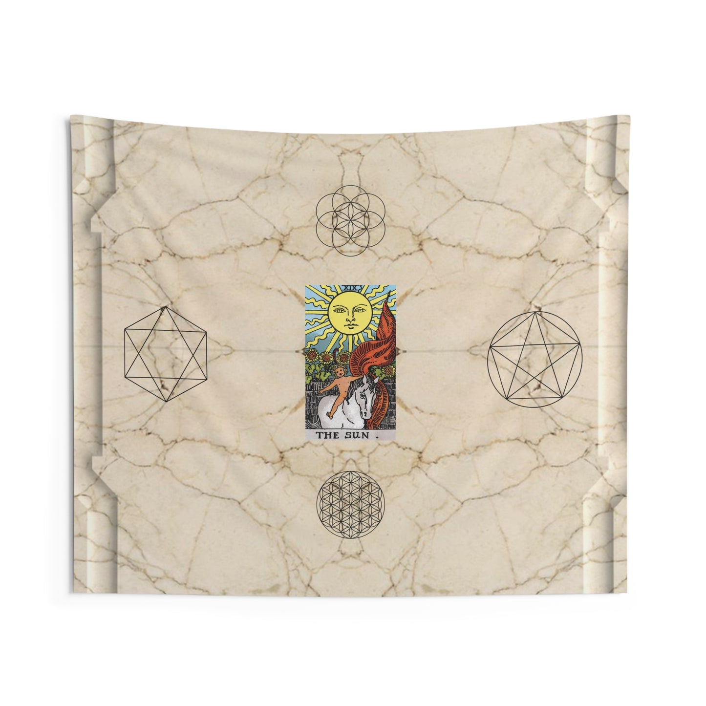 The Sun Tarot Card Altar Cloth or Tapestry with Marble Background, Flower of Life and Seed of Life