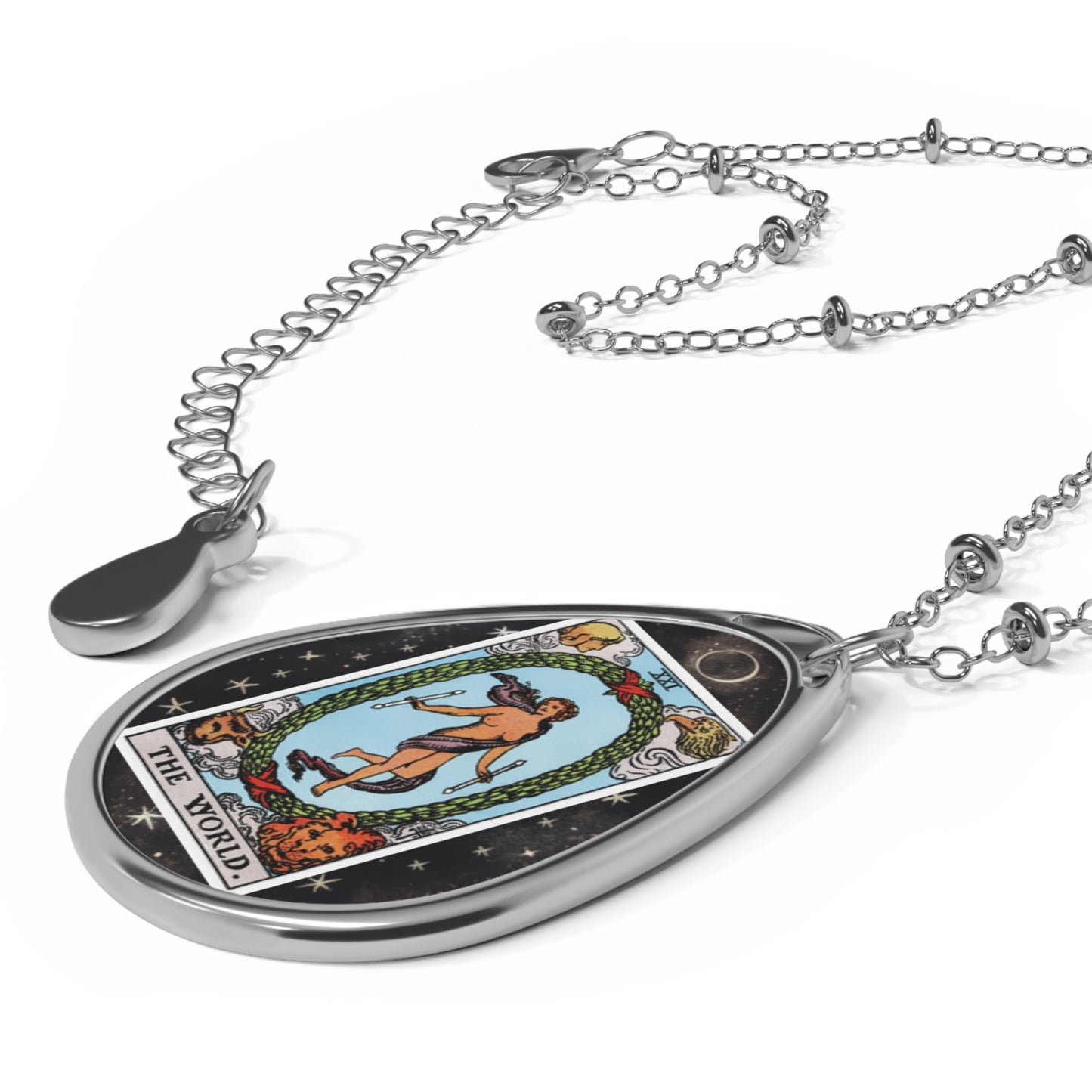 The World Tarot Card Oval Pendant Necklace With Chain and starry background