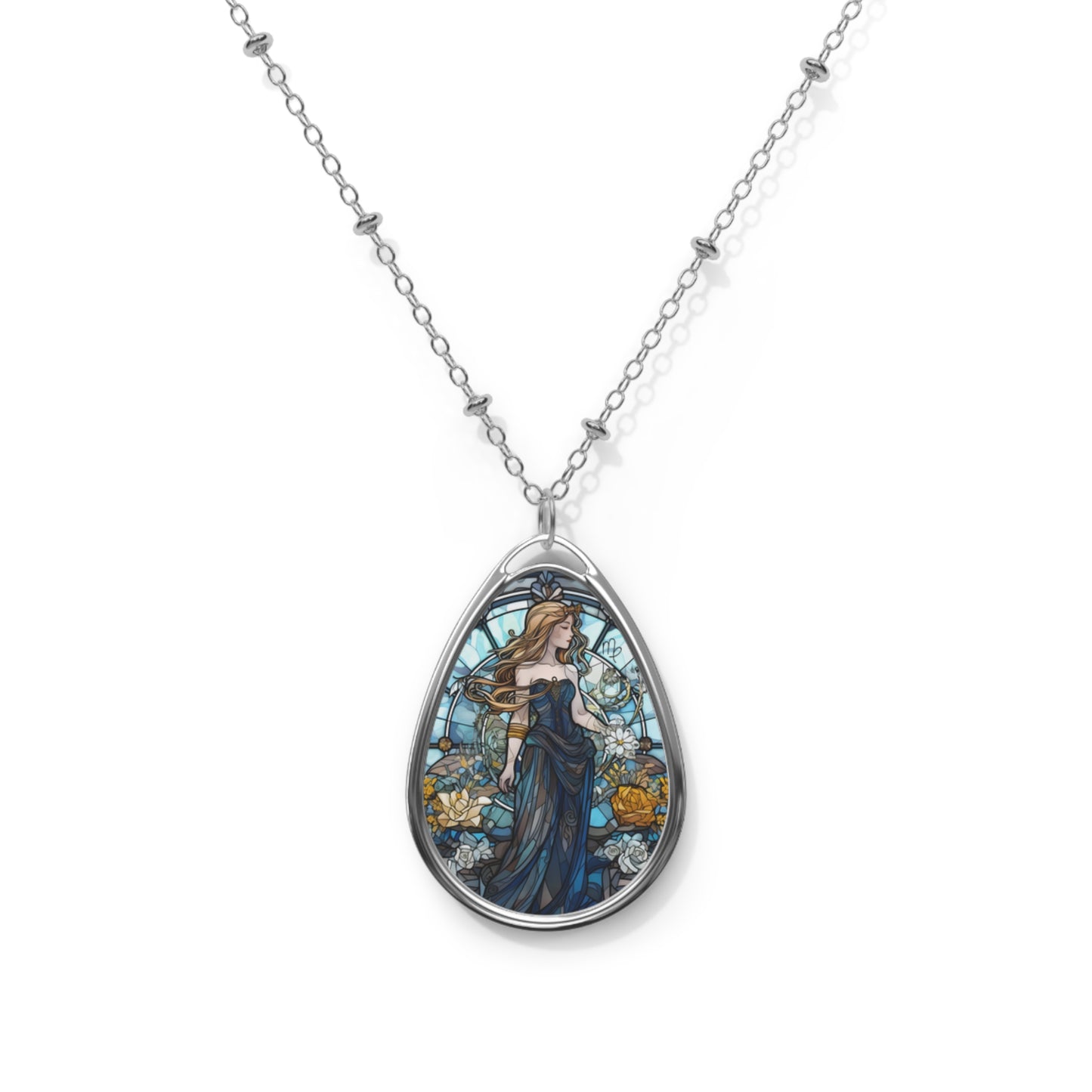 Virgo Zodiac Sign Stained Glass Illustration ~ Necklace & Oval Pendant With Chain