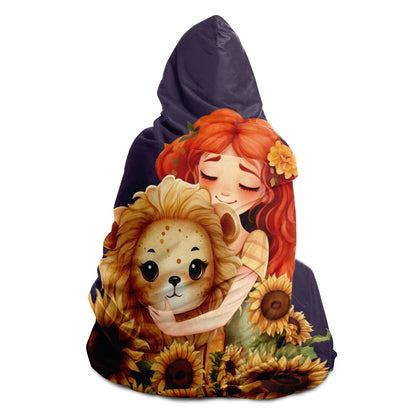 Leo Girl and Lion with Amethyst Background Hooded Blanket